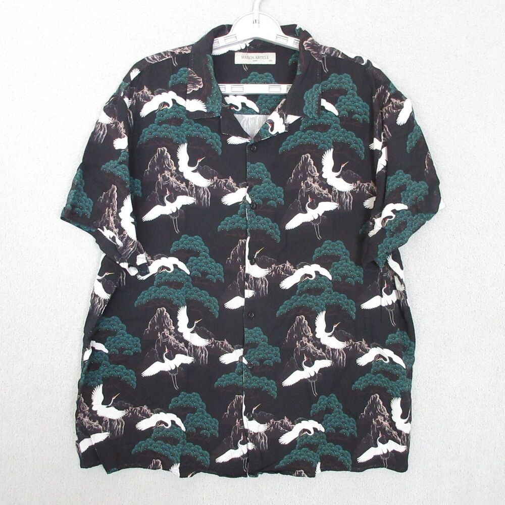 Maison Article Shirt Mens  2XL Japanese Crane AOP SS Rayon Camp Collar Button Up